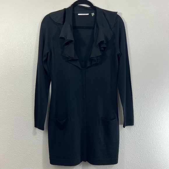 TAHARI Black Wool Mix Chiffon Collar Trim Cardigan Size Small - Picture 12 of 12